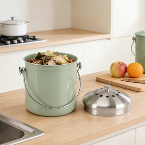 <b>Kitchen</b> Countertop Storage Bucket Minimalist Design Green Color Stainless Steel <b>Compost</b> <b>Bin</b> with Lid and Handle - Product Image 6