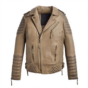 Blouson de moto en cuir véritable pour homme, tendance, marron désert, col rabattable, fermeture éclair, style motard, vêtement d'hiver - Product Image 1