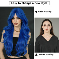 Wig rambut panjang keriting gaya natural warna biru tua ala selebgram, rambut sintetis tahan panas tinggi, dapat di-Perm.