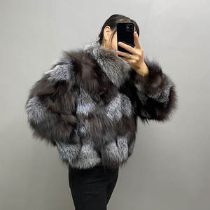 Veste en fourrure pour femmes, manteau <span class=keywords><strong>court</strong></span> <span class=keywords><strong>à</strong></span> col montant, peut être personnalisée, couleur véritable, renard argenté, épissage des cheveux du ventre - Product Image 2