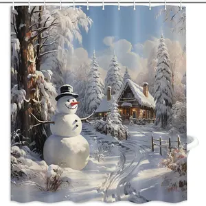 圣诞雪人浴帘冬季雪树乡村农家浴室窗帘耐用防水织物浴帘