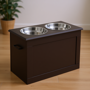 Dark Brown Raised <b>Dog</b> <b>Feeding</b> <b>Station</b> With 2 Stainless Steel Bowls For Storage For <b>Dogs</b> Indoor Use - Product Image 2