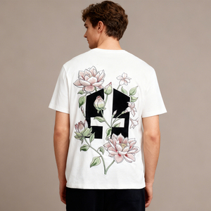 เสื้อยืดโอเวอร์ไซส์ลายดอกไม้สีขาวสำหรับผู้ชาย พิมพ์โลโก้และลายดอกบัวแบบศิลปะ - เสื้อแขนสั้นสไตล์ลำลองแนวสตรีท - Product Image 3