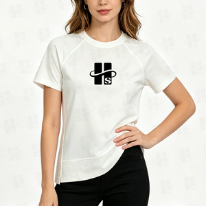 T-shirt ample en coton 100 % de haute qualité pour femme, avec ourlet asymétrique, confortable, imprimé sérigraphié, manches raglan unies - Product Image 2