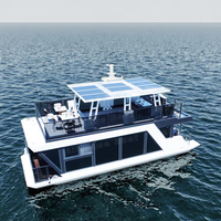 Bateau-maison flottant en aluminium de 12 m avec bar, barbecue et cuisine climatisée, idéal pour la location ou comme restaurant aquatique.
