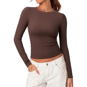 Top de Manga Larga Acanalado para Mujer, Top Básico Ajustado de Algodón con Cuello Redondo, Estilo Y2K - Product Image 4