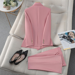 Women's Pink <b>Blazer</b> Suit <b>Set</b> Double Breasted Office Lady Style Anti-Wrinkle Pencil Pants Professional Work Wear - Product Image 5