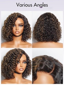 Parrucche Ricci Senza Colla da 10 Pollici, Capelli Umani Pre-Pizzicati e Pre-Tagliati, Senza Colla, HD Lace, Bob Ricci Corto Nero <span class=keywords><strong>con</strong></span> Riflessi Biondi - Product Image 6