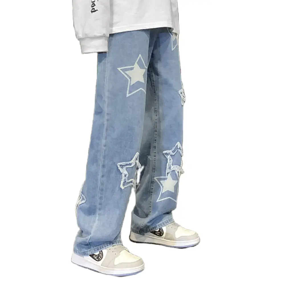 Custom Print Star Logo Loose Edition Azul Washed Denim Jeans Streetstyle Pierna ancha Straight Hip Hop Baggy Jeans con ODM Supply