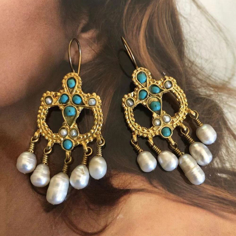 Earrings Women Gold Plated Bali Style White Freshwater Cultured