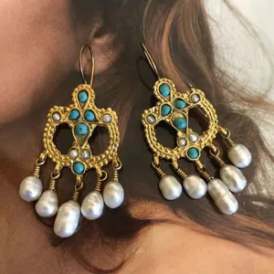 Earrings Women Gold Plated Bali Style White Freshwater Cultured Pearl Turquoise Boho Dangle Chandelier Earrings For Women