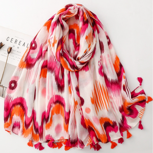 Pañuelo Bohemio con Borlas y Estampado Naranja Atardecer, Estilo Étnico Edeles, Chal Protector Solar para Turismo, Pañuelo Festivo - Product Image 2