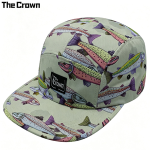 Custom Logo Cotton Twill Trout Print 5 Panel Camp <b>Cap</b> Wholesale Bulk Woven Patch <b>Hat</b> Flat Brim Manufacturer - Product Image 2