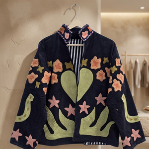 Hand Embroidered <b>Corduroy</b> <b>Jacket</b> Women Stand Collar Floral Patchwork Full Sleeve Autumn Prairie Chic Outerwear Suzani <b>Jackets</b> - Product Image 5
