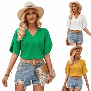 2024 Factory Casual Solid Color V-neck Slim Hollowed Out Trend Women's Top Fashion Elegant Woman T-shirt