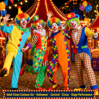 Costume de Clown d'Halloween pour Adultes, Ensemble Homme Femme, Combinaison, Perruque, Masque, Gants