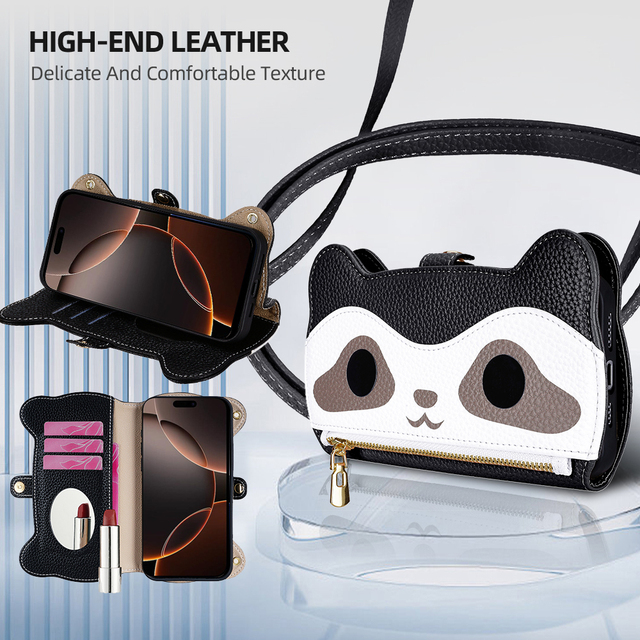 Cute Raccoon Design Magnetic Closure Multiple Storage Compartments Leather Wallet-style Shockproof Anti-theft Card Holder Case