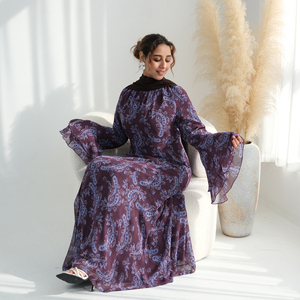 Abiti da donna in <span class=keywords><strong>chiffon</strong></span> stampato 2026 per uso quotidiano, Abaya chiusa con <span class=keywords><strong>maniche</strong></span> a campana, Abaya Ramadan 2026, <span class=keywords><strong>Abito</strong></span> musulmano da donna, Abaya floreale Eid - Product Image 2