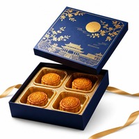 Scatola Regalo Rigida Blu Navy con Logo Personalizzato, Stampa in Lamina d'Oro e Vassoio a 4 Scomparti per Confezionamento Mooncake