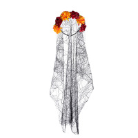 Coiffe florale en voile et couronne capillaire en maille araignée, motif gerbera rouge-orange automnal, pour le défilé urbain du Día de los Muertos