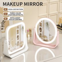 Miroir de maquillage LED simple face, finition argentée, portable, design rabattable, cadre en plastique, miroir de table avec éclairage intégré pour coiffeuse
