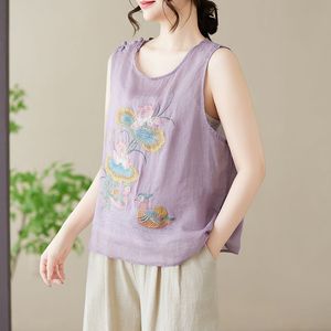 Black Embroidered Cotton Linen Sleeveless Camisole Top For Women Summer Chinoiserie Style Loose Fit Everyday Wear - Product Image 3