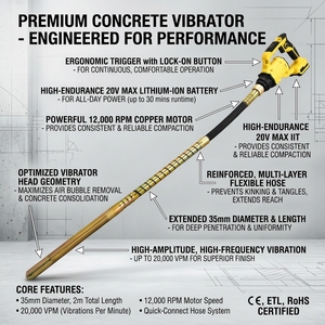 Vibrateur à béton électrique sans fil <span class=keywords><strong>professionnel</strong></span> 900W à vitesse variable, batterie 21V, pour ciment et sablage - Product Image 3