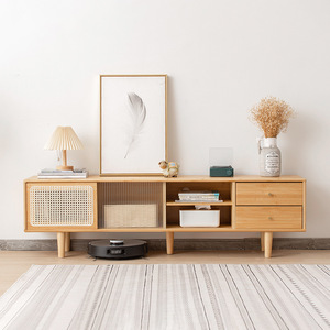 Meuble TV de style japonais 140 cm, design minimaliste, meuble de rangement pour salon avec portes en rotin et en verre - Product Image 3