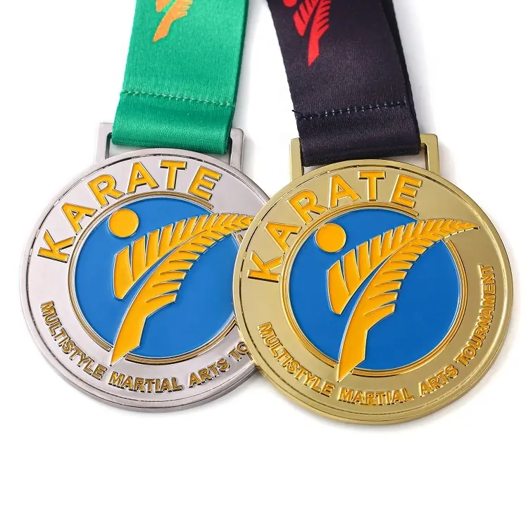 Medaglia e nastri personalizzati in metallo dorato taekwondo karate jiujitsu