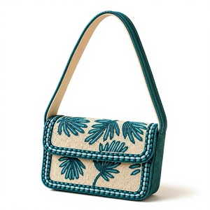 Bolsa de Viaje Hecha a Mano con Cuentas de Vidrio y Diseño de Hoja de Palma, Estilo Moderno y Lujoso, Rectangular, 100% Algodón Cosido, de Una Sola Capa - Product Image 1