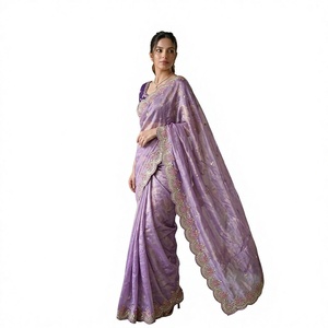 <b>Purple</b> Silk <b>Saree</b> Embroidered Floral Traditional Wedding Sari for Women Party Dress - Product Image 1