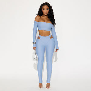2025 Hot Girl 2-delig set, off-shoulder lange mouwen crop top en uitgeholde broek, sexy dames tweedelig pak - Product Image 5