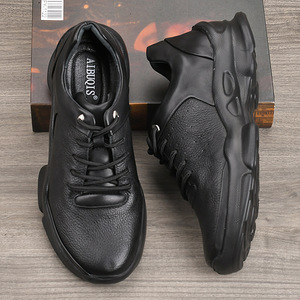 Chaussures de marche pour hommes en cuir véritable, bout rond, lacets, semelle extérieure en caoutchouc rembourrée, couleur unie, chaussures décontractées confortables - Product Image 3
