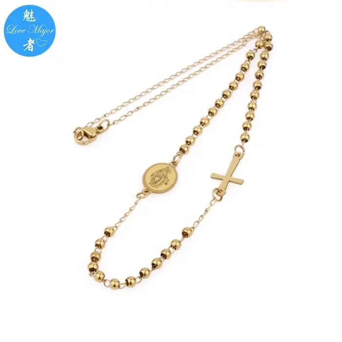 Gold Jewelry Stainless Steel 2.5mm Beads Cross Rosary Chain Necklace for Jesus