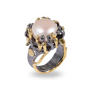 Perfect Vintage Baroque Button Pearl 925 Sterling Silver <b>Black</b> Wedding & Engagement <b>Ring</b> - Product Image 3