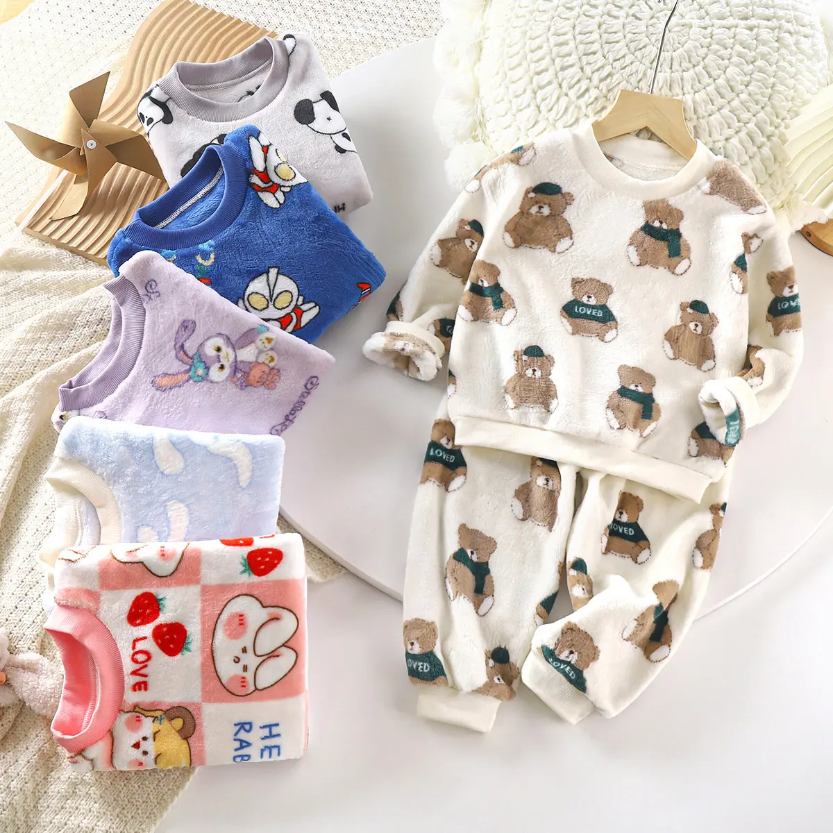 Rarewe bebek pazen ev giysileri Set erkek kız pijama kalınlaşmış mercan polar çocuk pijama setleri