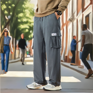 Pantalones Deportivos Personalizados para Hombre, Estilo Casual, Ligeros, de Pierna Recta Ancha, Cintura Media, Tipo Cargo, de Algodón Negro con Cordón Ajustable - Product Image 2