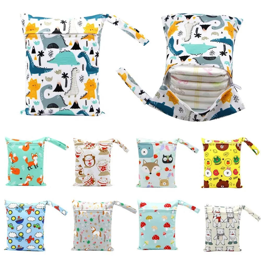 Sac à couches pour bébé avec imprimé de dessin animé, imperméable, sec et humide, sac à main à fermeture éclair, sac de transport pour poussette, sacs de rangement pour couches humides d'extérieur