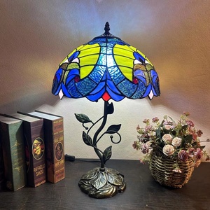 LongHuiJing European Simple LED Table Lamp Blue Stained Glass Lampshade E27 Living Room Adjustable Desk <b>Light</b> H20xW12In - Product Image 2