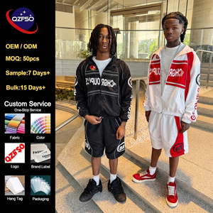QZFSO Custom Streetwear Contrast Piping Loose Fit Zip Up Track <b>Jacket</b> Stand Collar Panelled Windbreaker Tracksuit for Men - Product Image 1