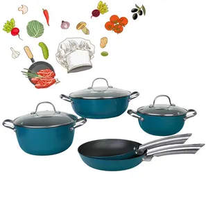 Bright Houseware Blue Enamel Light Cast Iron Skillet & Pot and Dutch Oven Set Kitchen Cooking Pot Non Stick Cookware Set