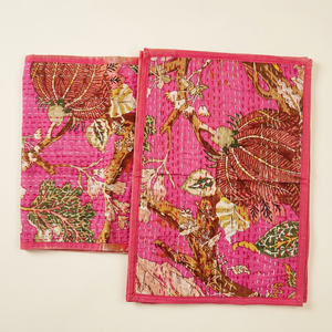 Floral Print Handmade Kantha Work Cotton Reversible Bohemian <b>Table</b> <b>Runner</b> with 6 Mats Set for Home & Hotel Use - Product Image 1