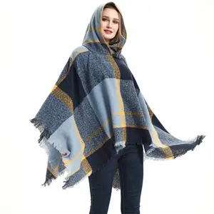 Wholesale Winter And Autumn New Stock Women Cape Hooded Cape Check Pattern Shawl Scarf