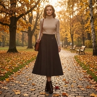 Jupe plissée trapèze noire décontractée en laine tricotée pour femme, taille naturelle, longueur cheville, vente directe usine, personnalisable