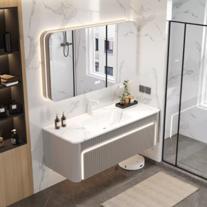 Minimalist Luxury Solid Wood Lacquer Wall Hung Water Resistant Bathroom Vanity Unit with Smart Honeycomb <b>Mirror</b> and Basin - Product Image 3