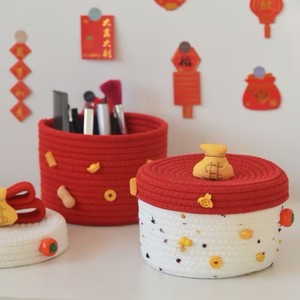 Festive Storage Baskets Round Cotton Rope Woven With Lids Desktop Organizer For Bedroom Office Jewelry Box - Product Image 1