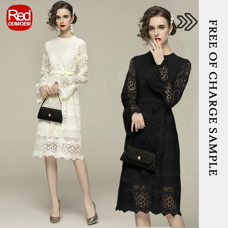 RedHK Customized High Quality Full Polyester Shiny Crochet Embroidery Dress Hollow Crew Neck Long Sleeve Elegant Lady Dress
