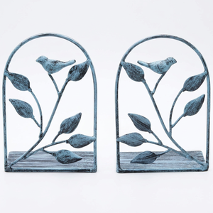AK Brass <b>Rustic</b> Patina Leaf & Bird Metal Bookends Set Of 2 Decorative Book Ends for Living Room Table Home <b>Office</b> Decor - Product Image 3