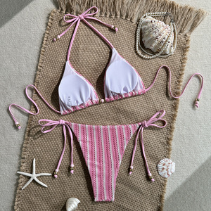Ensemble bikini tricoté rayé pour femmes, maillot de bain rose à lacets, deux pièces, pour vacances à la plage - Product Image 4
