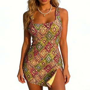 Mini-robe à sequins pour femme - Robe de soirée à col carré et fente latérale - Mode - Product Image 5